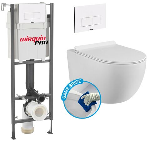 Komplettpaket flanschloses WC Bati INITIO + Weißes wandhängendes Becken ohne Flansch + Weiße Platte DESIGN