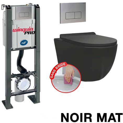 Komplettpaket WC ohne Flansch Freistehendes Gestell + Mattschwarzes Becken ohne Flansch + DESIGN Edelstahlplatte.