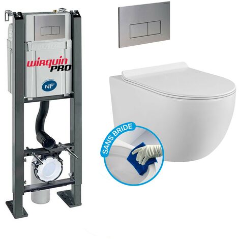 Komplettpaket WC ohne Flansch Freistehendes Gestell + Weißes Becken ohne Flansch + DESIGN Chromplatte