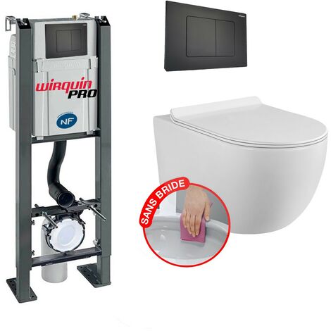Komplettpaket WC ohne Flansch Freistehendes Gestell + Weißes Becken ohne Flansch + Mattschwarze Soft-Touch-Platte