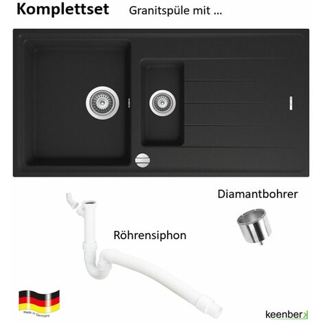 Komplettset schwarze Granitspüle Victory 100x50 cm mit Diamantbohrer und Universal-Röhrensiphon - ab 60er Unterschrank