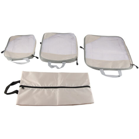 Komprimierbare, wasserdichte und tragbare Aufbewahrungsbeutel für Kleidung, Unterwäsche und Schuhe (4er-Set), beige
