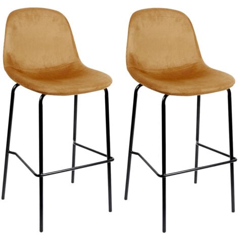 KONAE - Lot de 2 Tabourets de Bar en Velours Côtelé Ocre