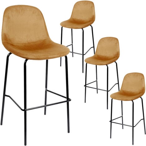 KONAE - Lot de 4 Tabourets de Bar en Velours Côtelé Ocre