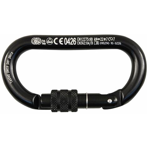 Kong. Oval Alu Classic Screw Sleeve. Moschettone in Alluminio con Ghiera a Vite. Compatibile con Bloccanti e Carrucole. Keylock Anti-Impiglio. Certificato EN 362/B, 12275/B. Peso 65g. Nero
