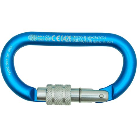 Kong. Oval Alu Classic Screw Sleeve. Moschettone in Alluminio con Ghiera a Vite. Compatibile con Bloccanti e Carrucole. Keylock Anti-Impiglio. Certificato EN 362/B, 12275/B. Peso 65g. Turchese/Lucido