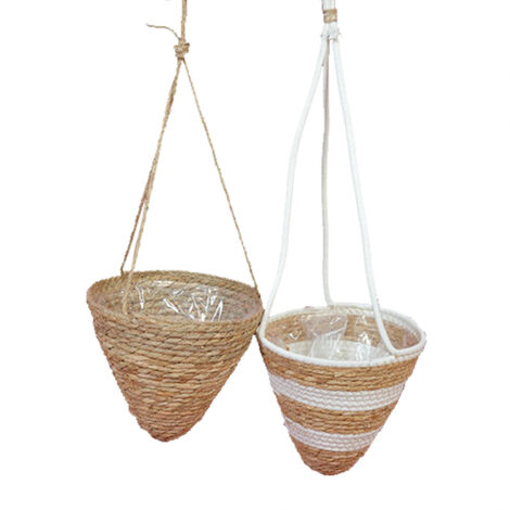 Konischer Hängekorb aus Rattan – 2 Stück – Grüner Pflanztopf mit weißem Baumwollseil
