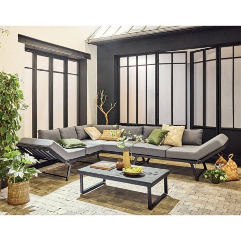 Konna – salon de jardin d'angle en acier noir – 5 places - coussin gris et table incluse