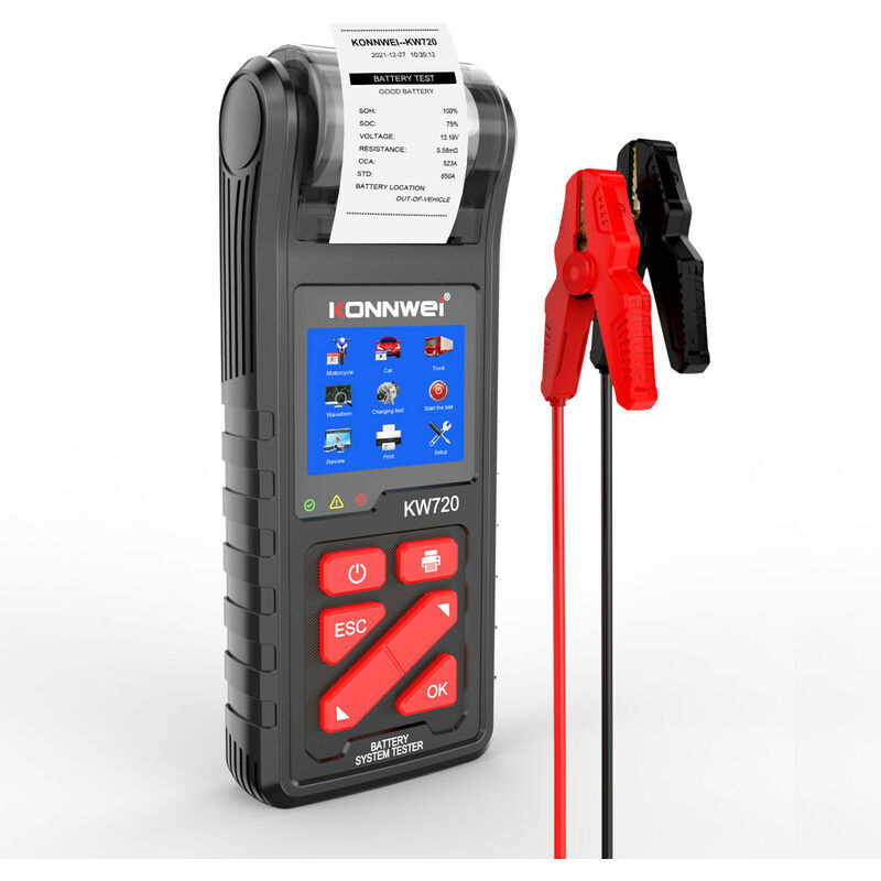 KONNWEI KW720 Testeur de batterie de voiture avec imprimante intégrée 6V 12V 24V Testeur de charge de batterie Démarrage et système de charge Test