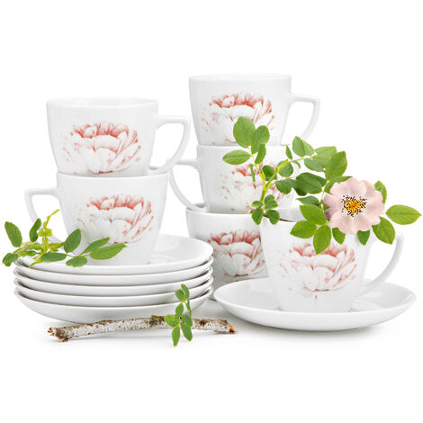 KONSIMO BOSS Kaffeeservice 350ml (12-tlg) 6 Personen Porzellan, Weiß/Rosa