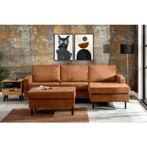 KONSIMO INVIA Loft Ecksofa rechts 4 Sitzer aus Leder und Mikrofaser, cognac