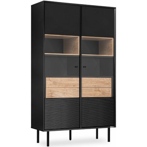 KONSIMO LOFTY Vitrinenschränk  Außenseiteneinlage, schwarz / Eiche natur