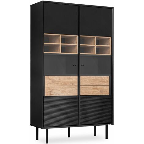 KONSIMO LOFTY Vitrinenschränk  Kreuzeinlage, schwarz / Eiche natur