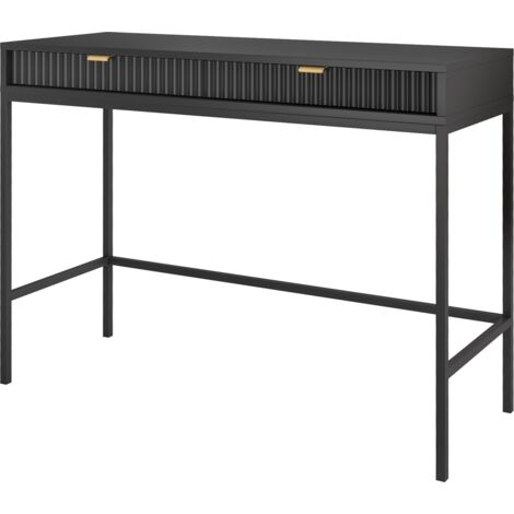 Konsolentisch 100 cm Galla - Beistelltisch mit Schubladen, Wohnzimmer - Flurtisch mit Metallgestell - geriffelten Fronten & goldene Griffe (Schwarz + Schwarz)