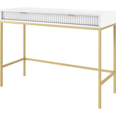 Konsolentisch 100 cm Galla - Beistelltisch mit Schubladen, Wohnzimmer - Flurtisch mit Metallgestell - geriffelten Fronten & goldene Griffe (Weiß + Gold)