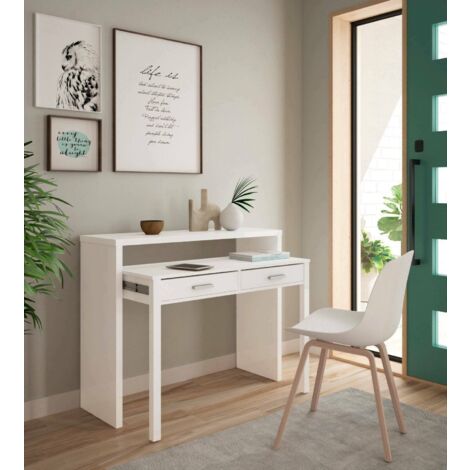 Konsolentisch Billings, Schreibtisch mit ausziehbarer Platte, PC-Schreibtisch mit 2 Schubladen, cm 99x36h88, Weiß
