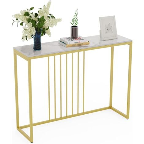 UNHO Konsolentisch Gold Schmal Marmor, Skandinavisch Eingangtisch mit Gold Metallgestell, Flurtisch für Schlafzimmer Wohnzimmer, weiß 100×30×79cm