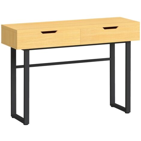 Konsolentisch Schmaler Flurtisch mit 2 Schubladen, Metallrahmen, für Flur 110 x 35 x 76,5 cm Natur