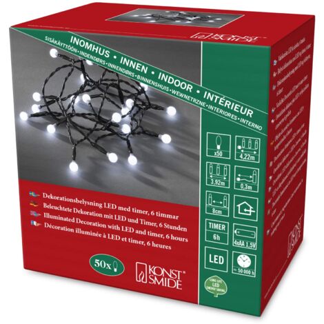 Konstsmide 1492 – 207 LED Globe catena luminosa con diodi rotondi/per interni (IP20)/certificato VDE/funzionamento a batteria: 4 x AA 1,5 V (non incluse) /6H Timer/50 diodi a luce bianca fredda, cavo 