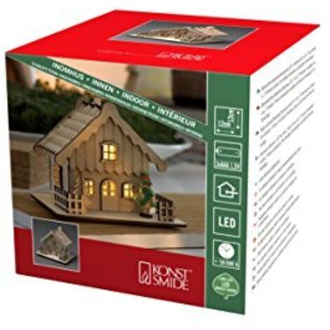 Konstsmide 3234-100 - Casetta in Legno con Tetto Naturale, per Uso Interno (IP20), 2 diodi Bianchi Caldi, Funzionamento a Batteria: 3 x AA 1,5 V (escl.)