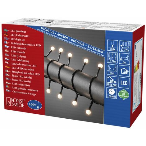 Konstsmide 3695 – 107 – Catena di luci LED con piccole rotonde diodi per esterni (IP44)/certificato VDE/24 V trasformatore esterno/160 diodi a luce bianca calda/cavo nero
