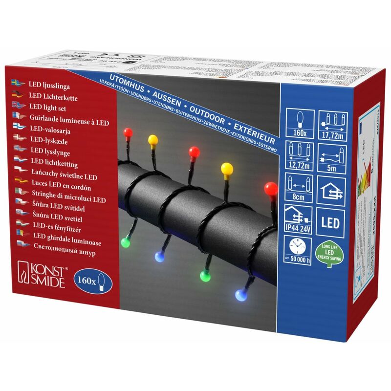 Image of 3695 – 507 – Catena di luci led con piccole rotonde diodi per esterni (IP44)/certificato VDE/24 V trasformatore esterno/160 diodi colorati/cavo nero