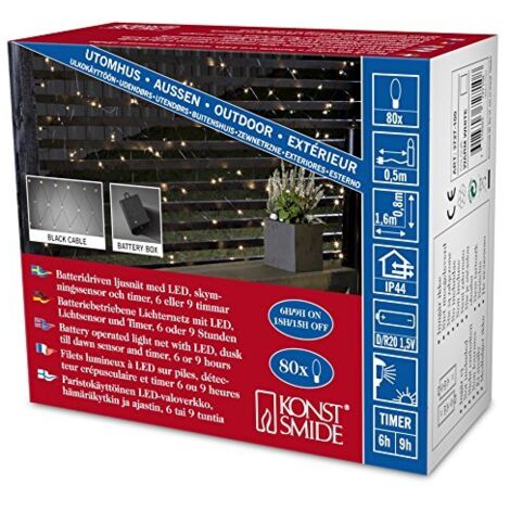 Konstsmide 3727-100 - Catena luminosa LED con interruttore on/off e sensore luminoso, timer per 6 e 9 ore, adatta a esterni (IP44), 80 diodi a luce bianca calda, funzionamento a batteria, con cavo bia