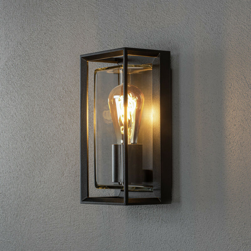 Image of Konstsmide Lighting - Konstsmide Brindisi Lampada da parete a lanterna moderna per esterni con sensore nero con cornice aperta in vetro trasparente