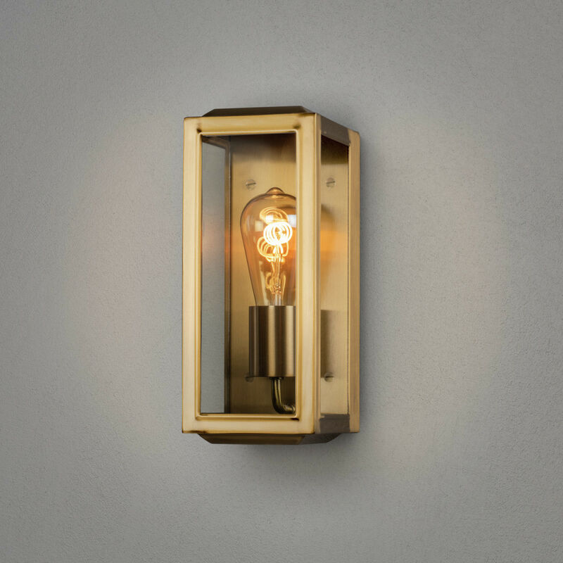 Image of Konstsmide Lighting - Konstsmide Carpi Lanterna moderna da esterno da parete piccola E27 ottonata con vetro trasparente, IP44