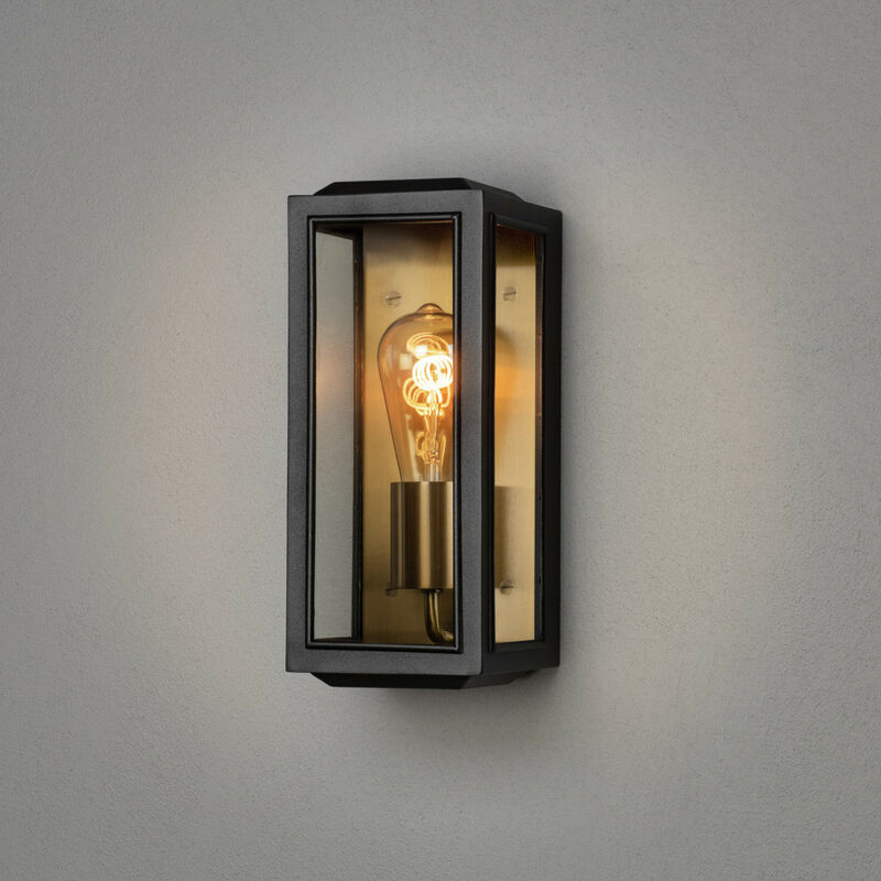Image of Konstsmide Carpi Lanterna da esterno moderna da parete piccola E27 nera, ottone placcato con vetro trasparente, IP44