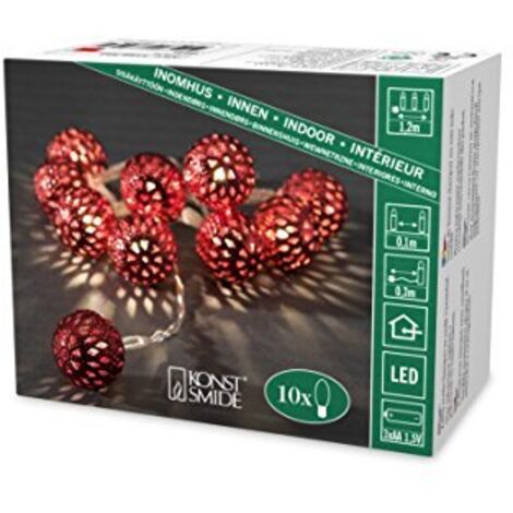 Konstsmide catena luminosa decorativa a LED, piccoli metallo Rossi palline, 10 diodi a luce bianca calda, funzionamento a batteria, interno, 3 x AA 1,5 V Exclusive, cavo trasparente 3188 – 553