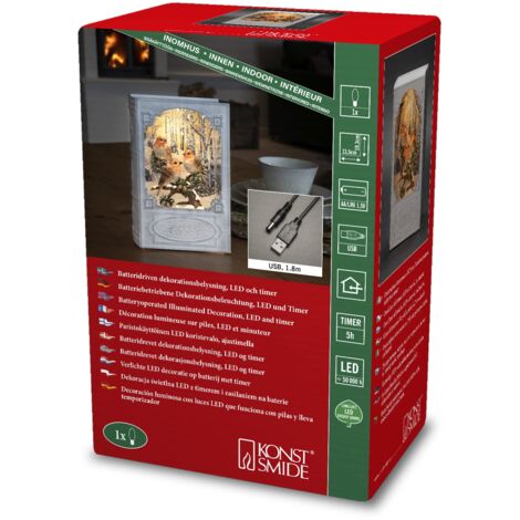 Konstsmide Globo di neve a LED a forma di libro, riempito con acqua, decorazioni natalizie, luci interne, timer, funzionamento a batteria: 3 batterie AA 1,5 V (escl.) o USB (incluse), bianco