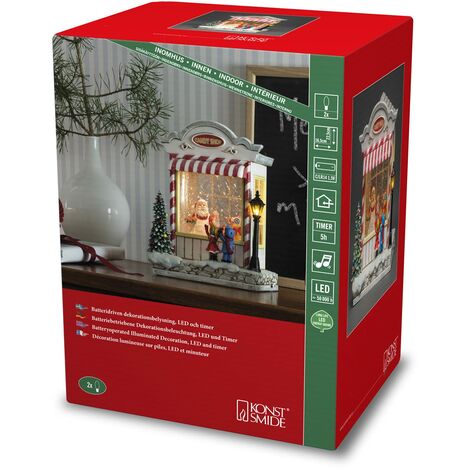 Konstsmide Lanterna a LED con neve, per negozio di caramelle e Babbo Natale, riempita con acqua/decorazioni natalizie per interni (IP20), musica opzionale, otto canzoni, funzionamento a batteria: 3 x