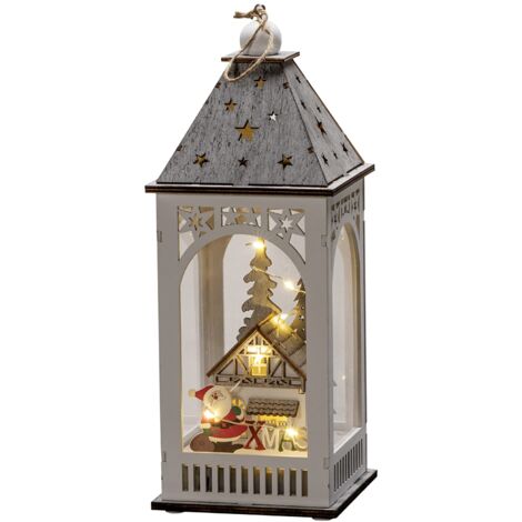 Konstsmide Lanterna a LED in legno con casa, timer 6 ore, 8 diodi a luce bianca calda, funzionamento a batteria, per interni – 3270-210