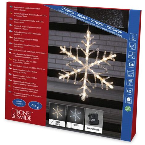Konstsmide LED acrilico fiocco di neve, con Timer, 24 diodi a luce bianca calda, funzionamento a batteria, esterno IP44, cavo trasparente, 4 x AA 1,5 V exklusiv 4540 – 103