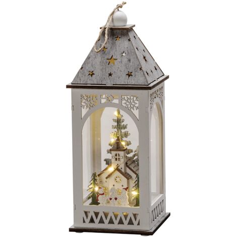 Konstsmide Luci di Natale/Lanterna in legno a LED Villaggio di Natale invernale/Uso interno (IP20)/Funzionamento a batteria 2xAA (escl.)/Diodi bianchi caldi/Cavo trasparente, Chiesa