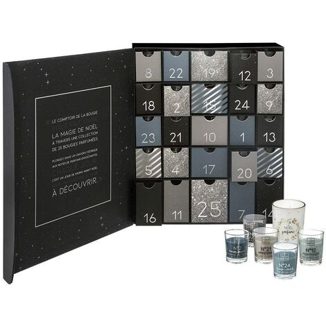 Kontarboor – Calendrier de l'avent avec 25 bougies parfumées en pots en verre – Dimensions 31.8 x 8.5 x H. 37.3 cm – Parfums de Grasse