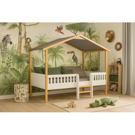 Kontarboor – Lit cabane enfant 90 x 190 cm en pin avec sommier – Barrières de sécurité 30 cm – Ecart entre barreaux 8 cm – Montage facile
