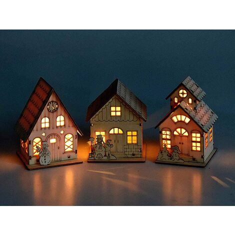 Kontarboor – Village de Noël lumineux en bois avec éclairage LED – Ensemble de 3 maisons et personnages – Dimensions 8,5 x 7,5 x 10,5 cm