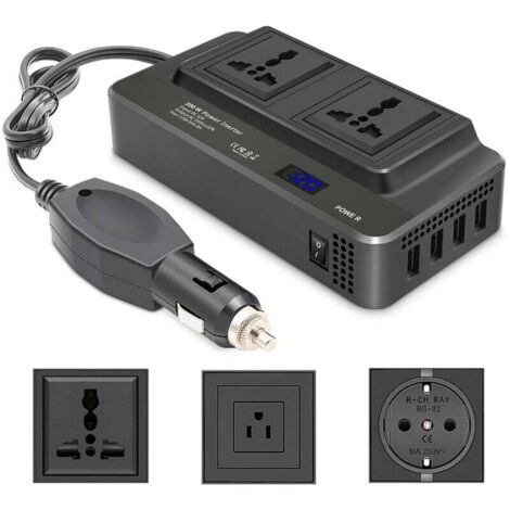 Konverter 12 V auf 110 V/220 V – 4 USB-Anschlüsse + 2 Steckdosen – Autoladegerät für Telefon, Computer (Temp. -20 °C bis 60 °C)