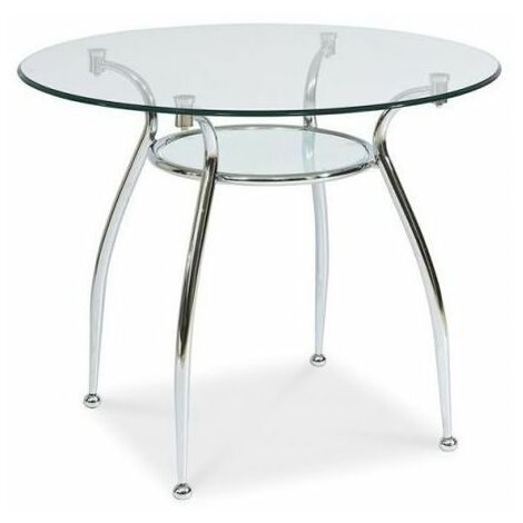 KOOLY - Table moderne en verre avec tablette - 90x90x77 cm - Plateau en verre trempé - Pieds en métal - Ronde Transparent&Argent - Transparent&Argent