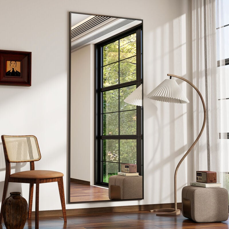Koonmi 165 x 60 cm miroir sur pied, miroir robuste pour le corps entier avec cadre minimaliste étroit en aluminium, grand miroir mural moderne à