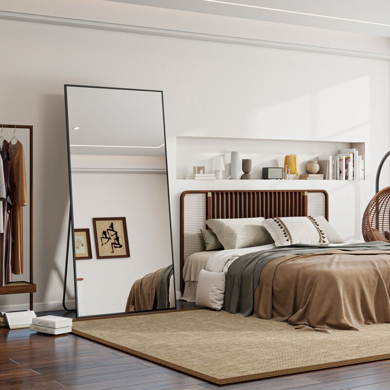 Koonmi 180 x 76 cm Miroir sur pied, robuste miroir pour tout le corps avec cadre minimaliste étroit en aluminium, grand miroir mural moderne à poser