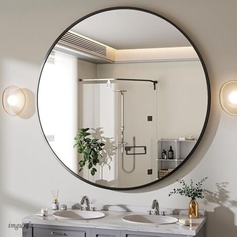 Koonmi Miroir mural rond, 122 x 122 cm, grand miroir rond à suspendre dans une chambre, un salon, une salle de bain, etc., avec un cadre en alliage d'aluminium, Noir