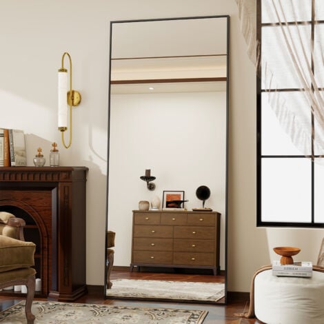 KOONMI Schwarz Rahmen Rechteck Standspiegel 165 × 60 cm Ganzkörperspiegel frei stehend, Spiegel in voller Länge Aufhängen an der Wand horizontal oder vertikal