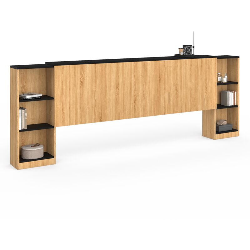 Idmarket Schwarz Kopfteil Auf Ausziehbarem Fuß Mit Verschiebbaren Nachttischen Catba Für Bett 140 Und 160 Cm In Holzoptik Und