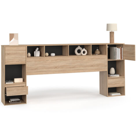 Kopfteil auf Fuß CAMPHA 240 cm mit Kopfteil Schublade + Schränke + Nischen Holz und Schwarz