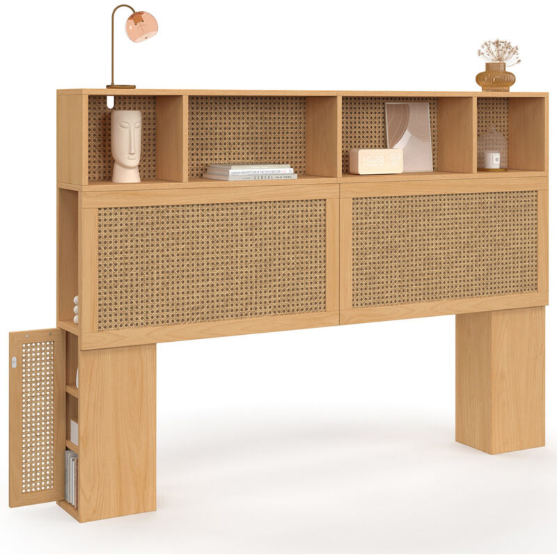 Idmarket Beige Kopfteil Edhen 145 Cm Mit Geschlossenen Ablagen Und Nischen Rohrgeflecht Und Holz
