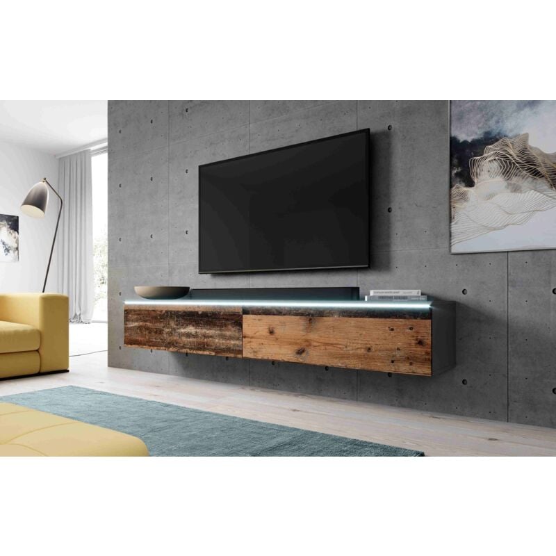 Furnix - TV-Kommode Bargo 160 cm Lowboard mit LED-Beleuchtung Anthrazit-Old style wood