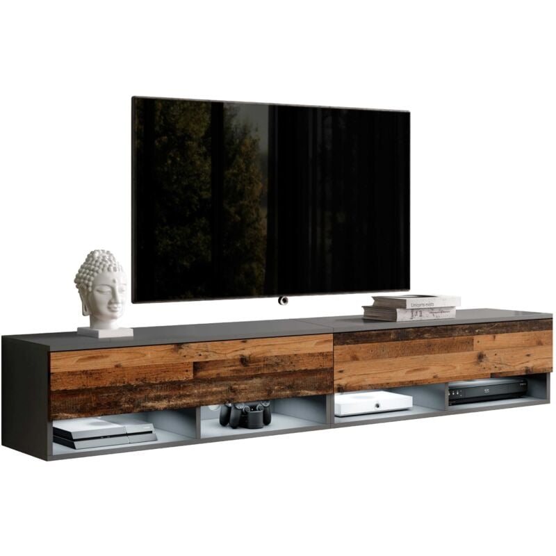 Meuble tv alyx 200 cm (2x100cm) avec éclairage led bois style ancien anthracite - Furnix
